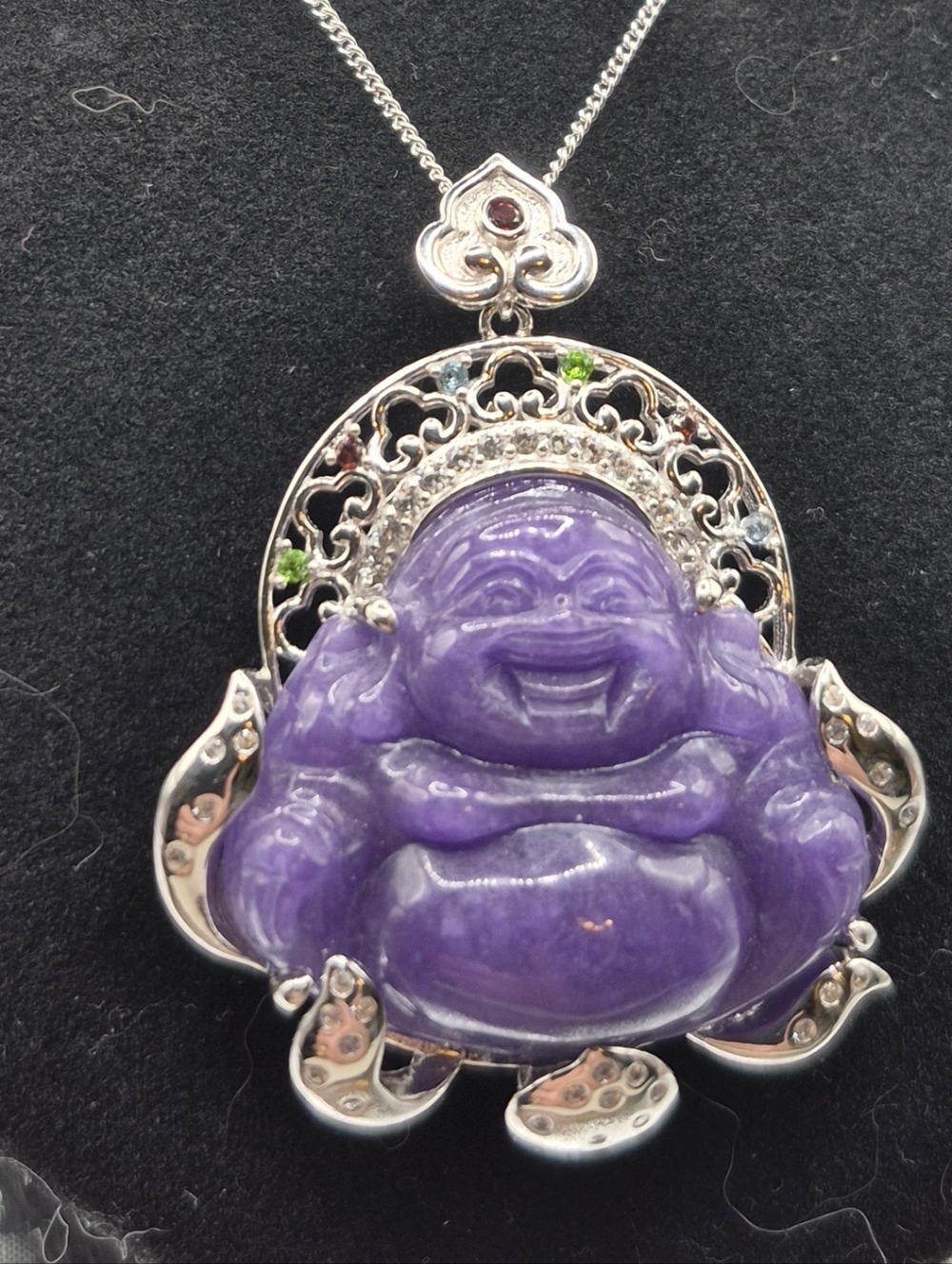 Purple Jade Laughing Buddha Pendant Necklace